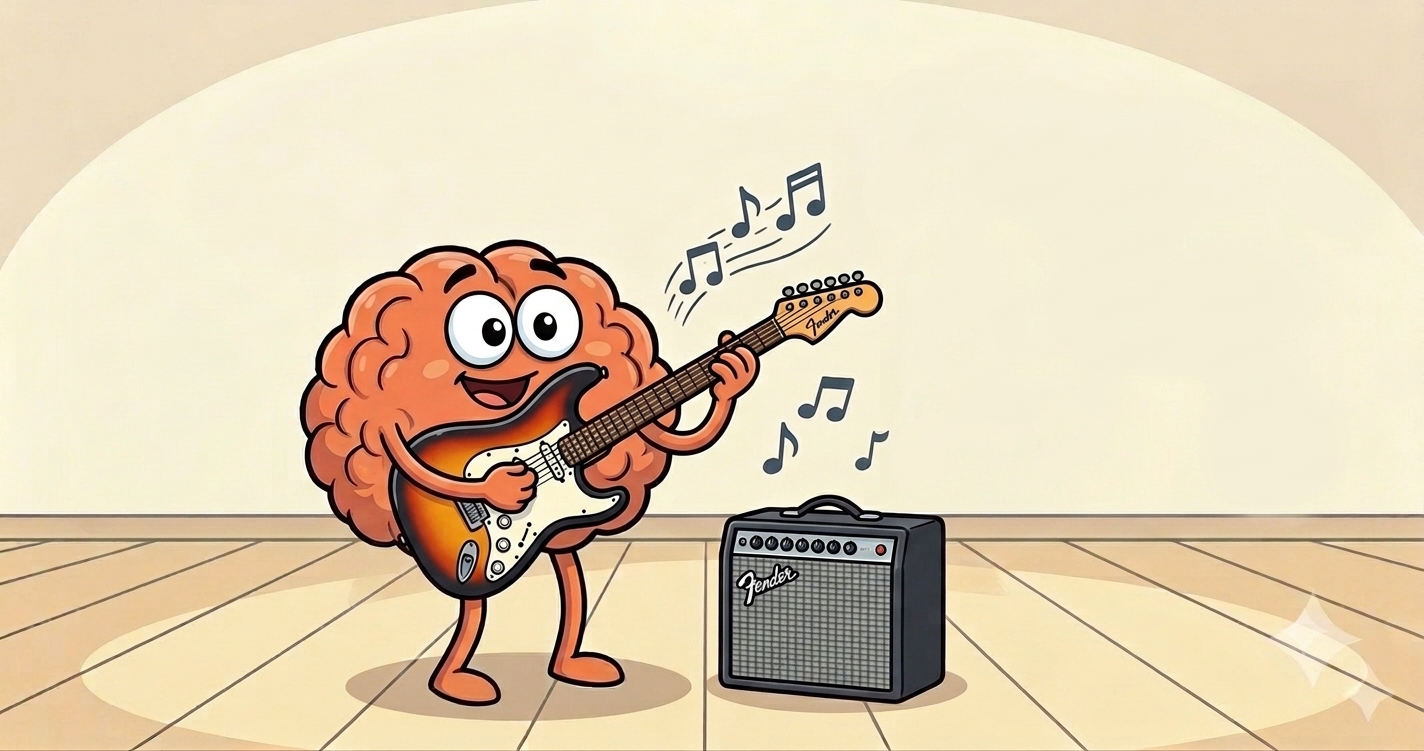 Brain playing guitar through a Fender amp